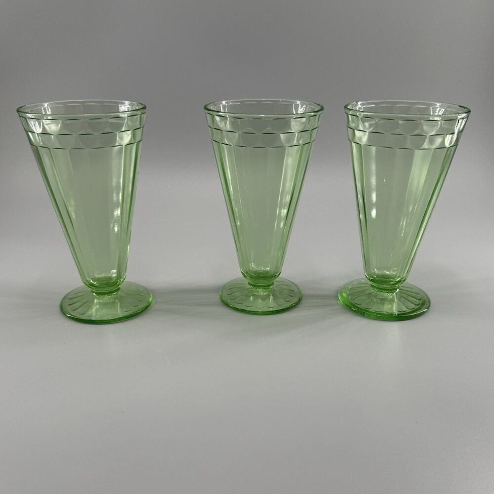 Vintage Green Paneled Vaseline Footed Soda Fountain Depression Glasses Glows